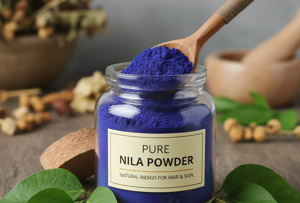 Jar of Nila powder (natural indigo) with wooden spoon and green leaves